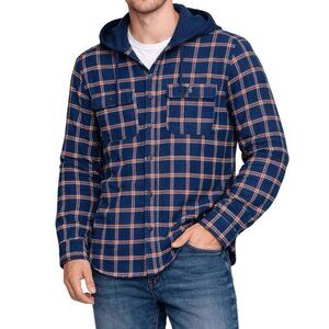 Men's NWT Original Use Navy Plaid Flannel Button Up Hoodie Size Medium